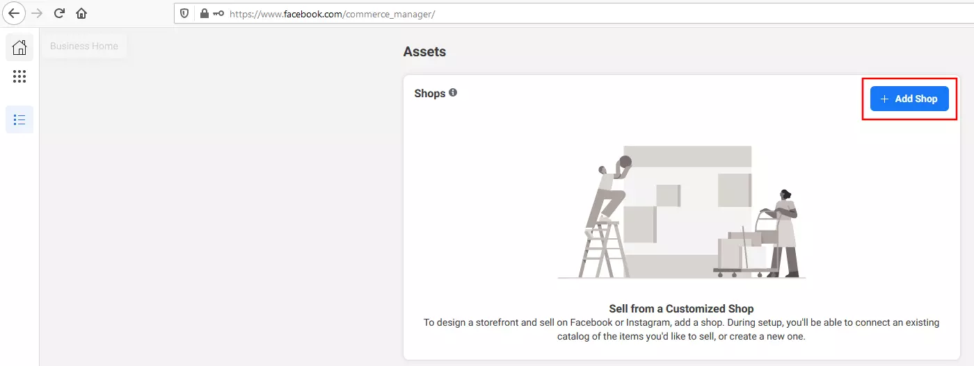 Image: Commerce Manager from Facebook: homepage screen