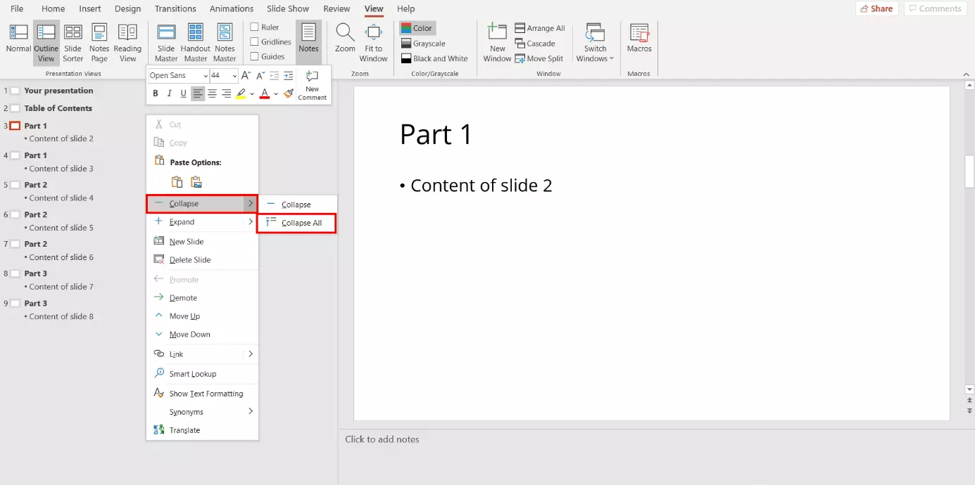 Image: Creating a PowerPoint table of contents: collapsing the outline structure