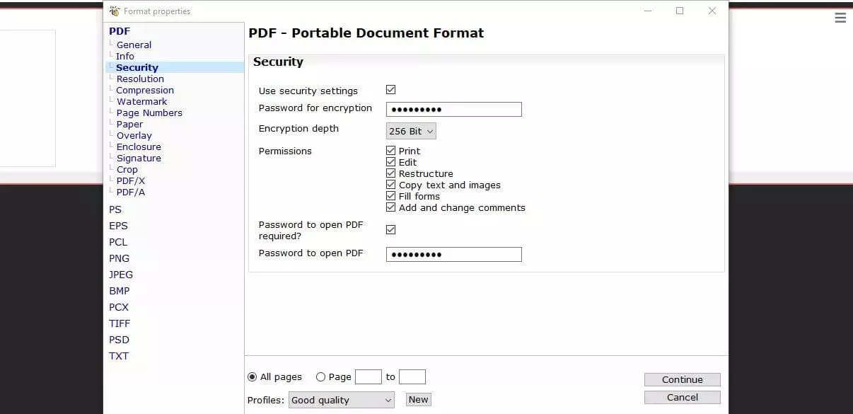 Image: Security settings in PDF24 Creator