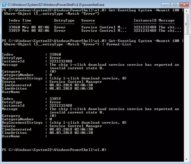 Image: Results of the Get-EventLog System -Newest 100 pipeline| Where-Object {$_.entryType -Match "Error"} and Format-List