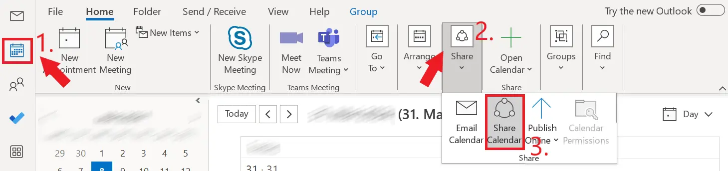 Outlook: Calendar view toolbar in the “Home” tab Image: Outlook: Calendar view toolbar in the “Home” tab