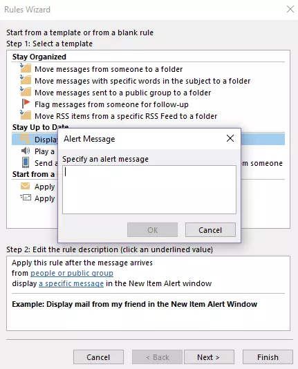 Outlook Rules Wizard: Notification text dialog box Outlook Rules Wizard: Notification text dialog box