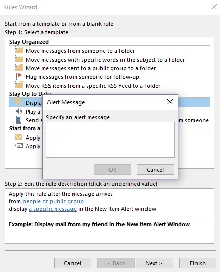 Image: Outlook Rules Wizard: Notification text dialog box