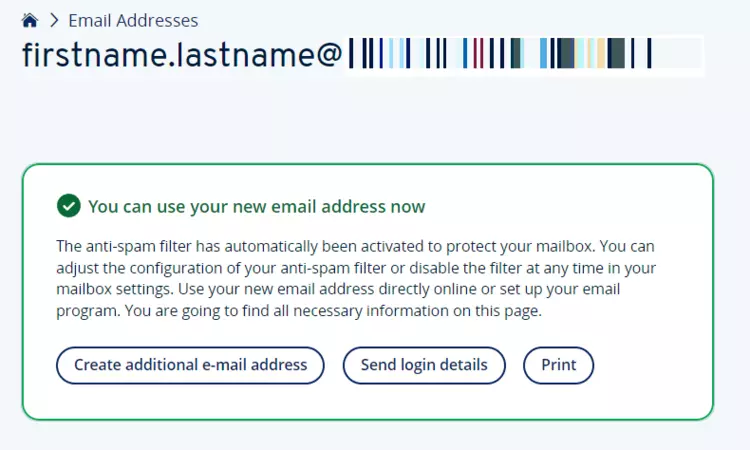Success message issued after an email account has successfully been set up in an IONOS account Success message issued after an email account has successfully been set up in an IONOS account