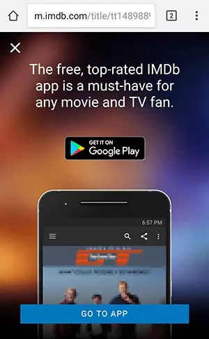 Image: screenshot of an interstitial on imdb.com advertising the related app.