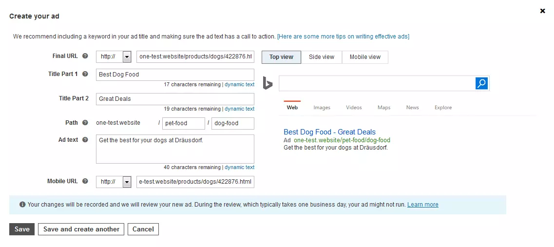 Image: Input mask to create an ad on Bing ads