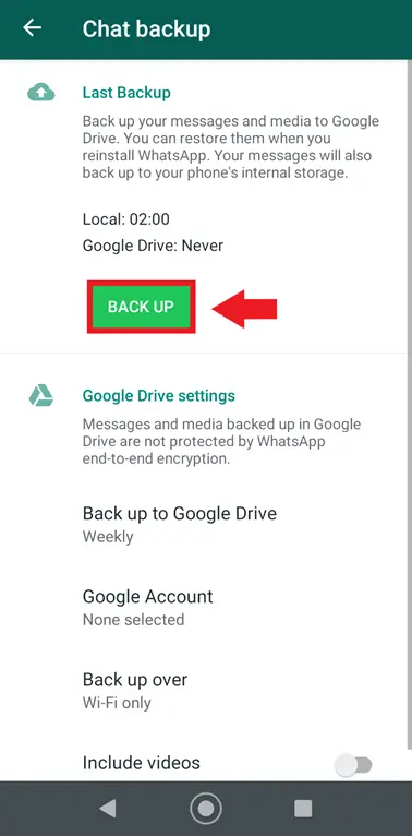 WhatsApp chat backup with “Back up” settings WhatsApp chat backup with “Back up” settings