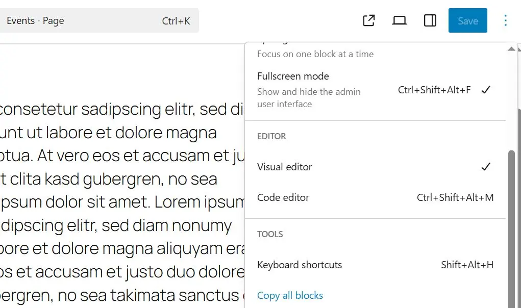 Image: Gutenberg Editor: &ldquo;Copy all blocks&rdquo;