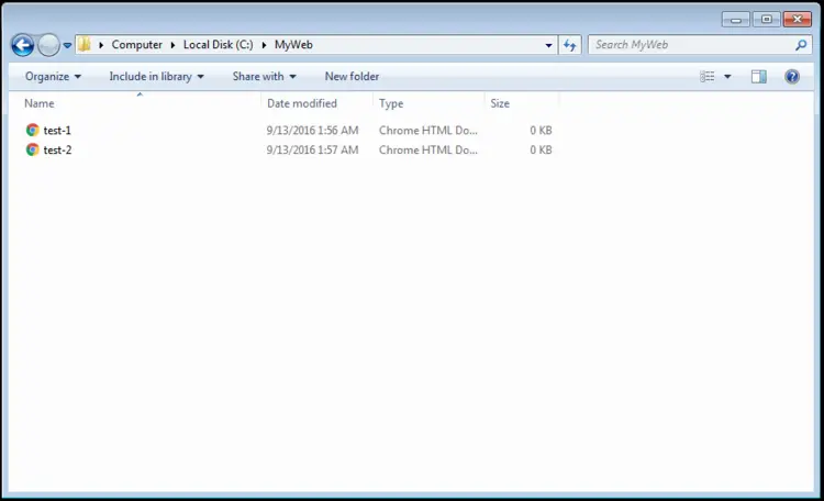 Windows ‘MyWeb’ folder with two HTML documents Windows ‘MyWeb’ folder with two HTML documents