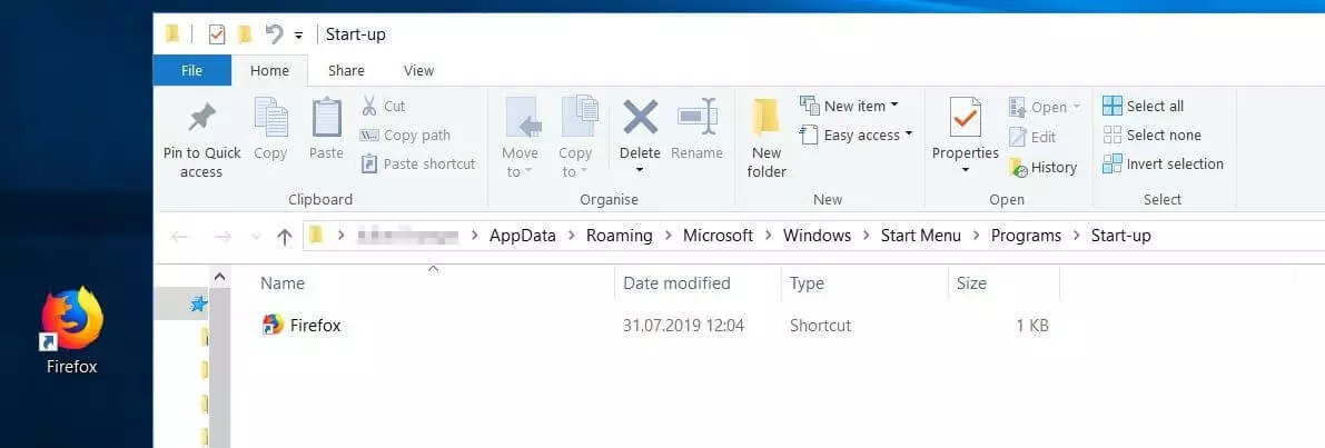 Image: Shortcut in your personal startup folder in Windows 10