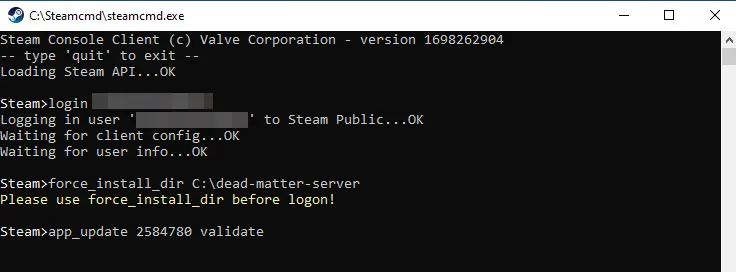 Installing the Dead Matter server in SteamCMD Installing the Dead Matter server in SteamCMD