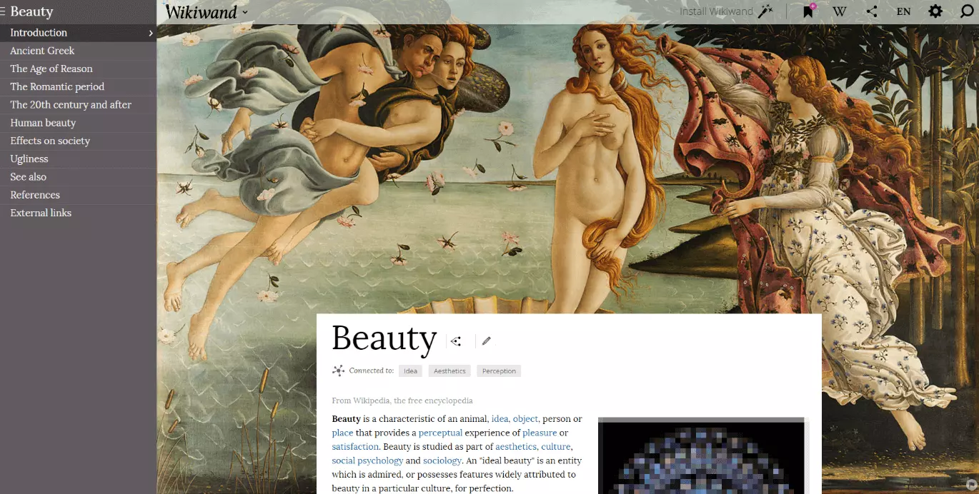 Image: Wikiwand example article on the topic of 'Beauty'