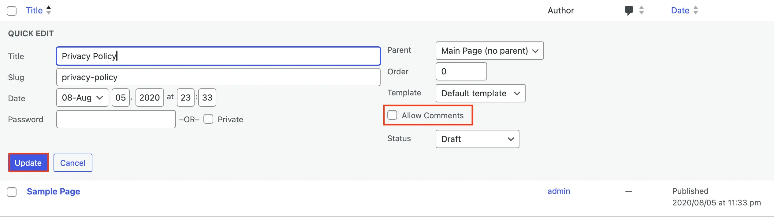 Image: “Quick Edit” settings for a page, with “Allow Comments” option checked