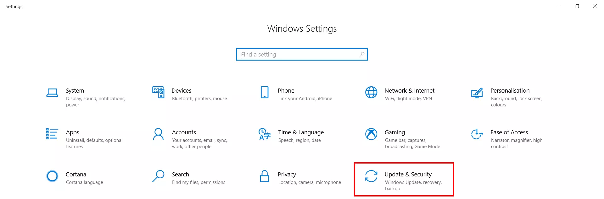 Image: “Update & Security” section in Windows Settings