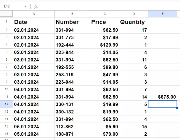 Screenshot after multiplying in Google Sheets Screenshot after multiplying in Google Sheets