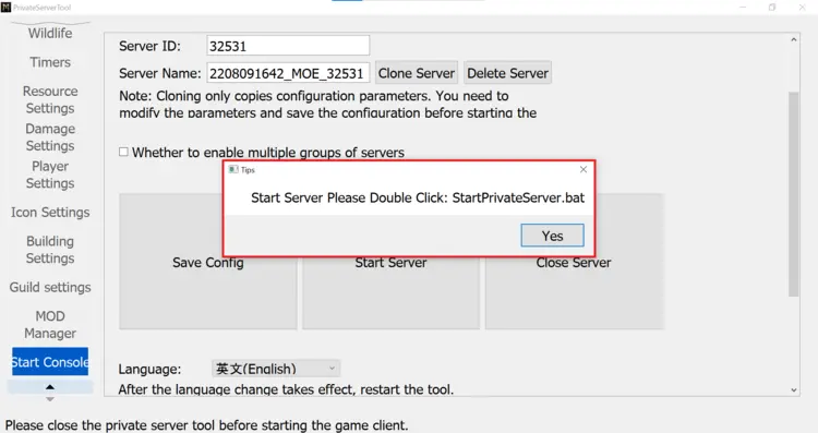 Myth-of-Empires dialog box after the server has been started. Myth-of-Empires dialog box after the server has been started.