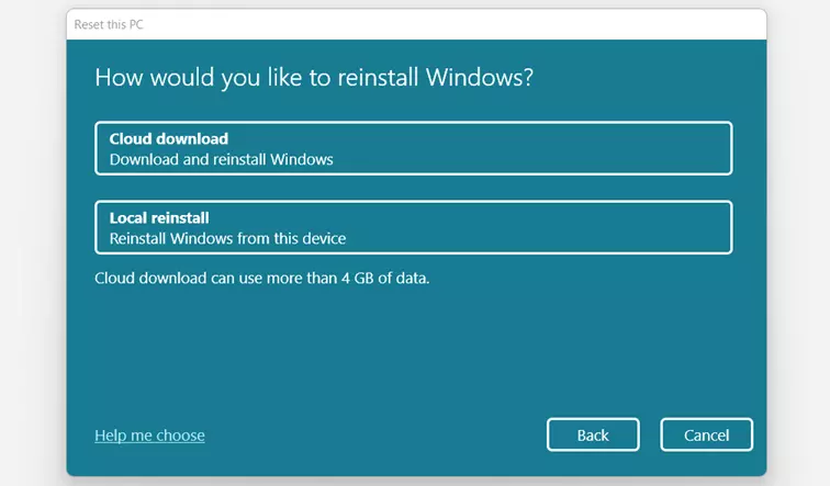 Image: Reset Windows 11: select installation source