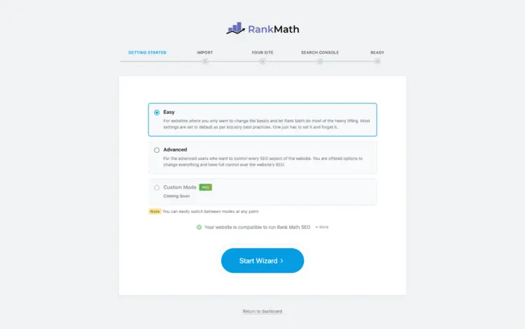 The setup wizard of the Rank Math SEO plug-in for WordPress The setup wizard of the Rank Math SEO plug-in for WordPress