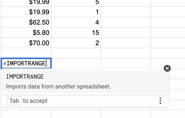 Screenshot of the IMPORTRANGE function Screenshot of the IMPORTRANGE function