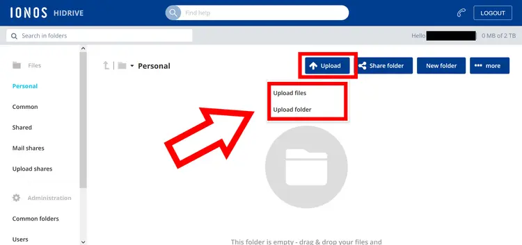 Screenshot of the Upload option in IONOS HiDrive Screenshot of the Upload option in IONOS HiDrive