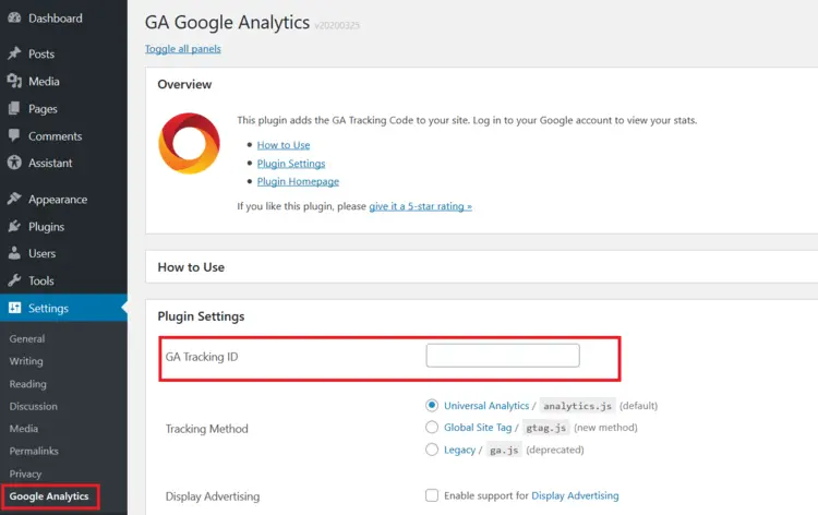 Settings for the “GA Google Analytics” plug-in Settings for the “GA Google Analytics” plug-in