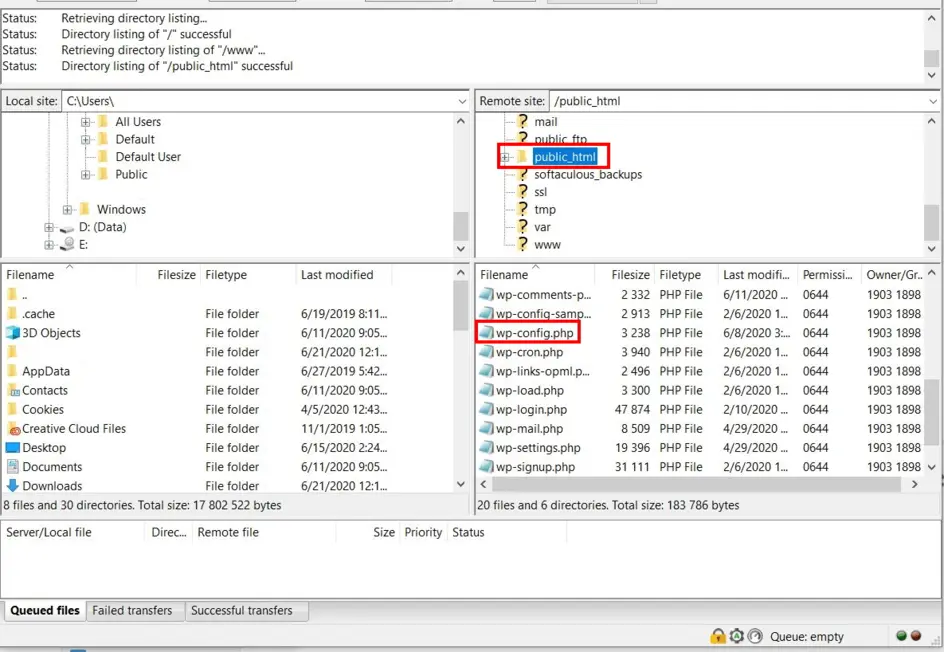 FileZilla FTP client connected to a WordPress website's file structure