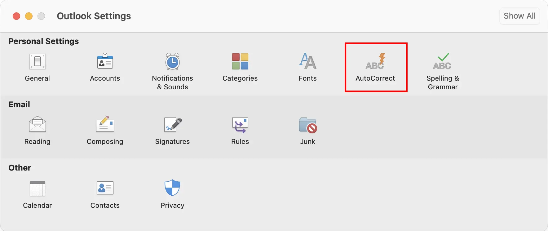 Outlook for Mac: AutoCorrect menu item in the settings Image: Outlook for Mac: AutoCorrect menu item in the settings