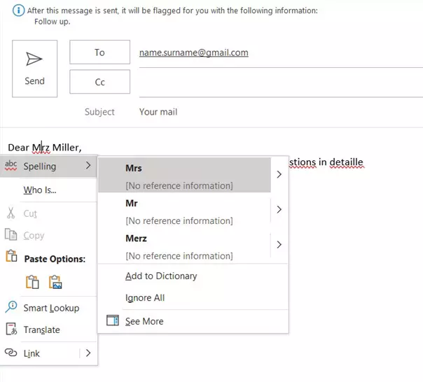 Outlook spell check: Suggestions for correction Outlook spell check: Suggestions for correction