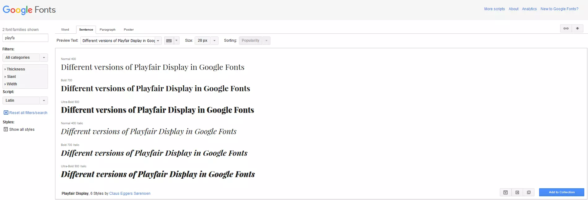 Image: Different versions of Playfair Display in Google Fonts