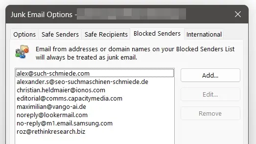 Outlook: Blocked senders list Image: Outlook: Blocked senders list