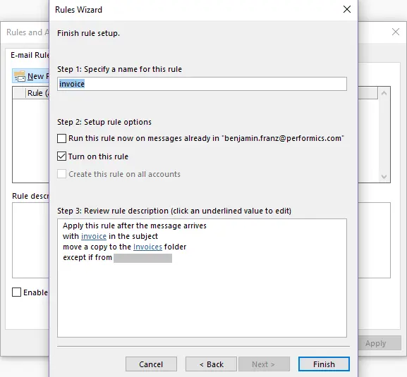Image: Outlook Rules Wizard: Setting up rule options