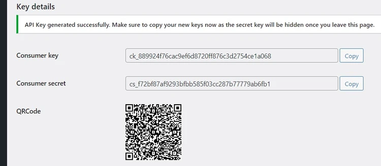 Screenshot of WooCommerce API keys Screenshot of WooCommerce API keys