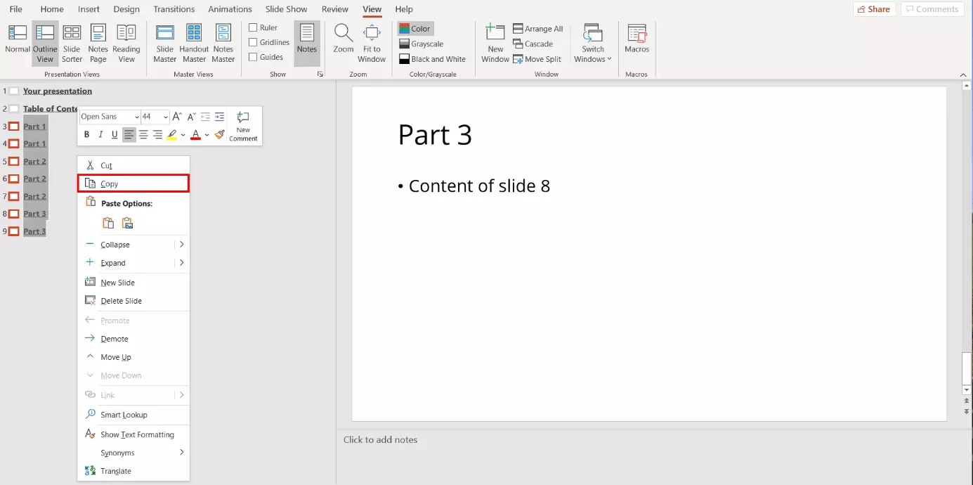 Image: Creating a PowerPoint table of contents: copying the outline structure