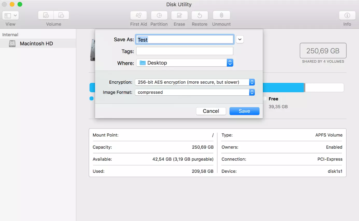 Image: The macOS hard drive service program: Algorithm options for encryption