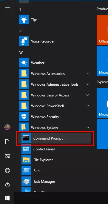 Image: Command Prompt in the Start menu