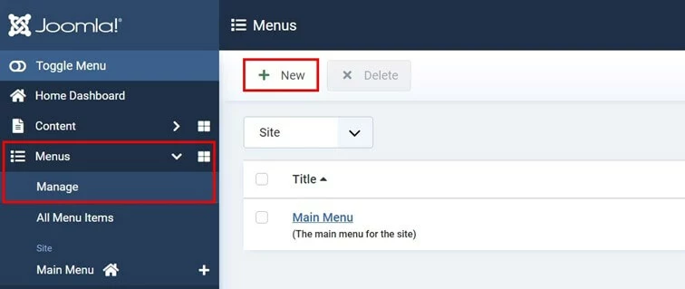 Image: Manage menus in the Joomla backend