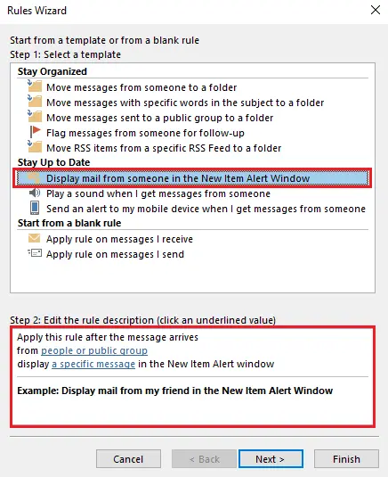 Image: Outlook Rules Wizard: Selecting rule templates