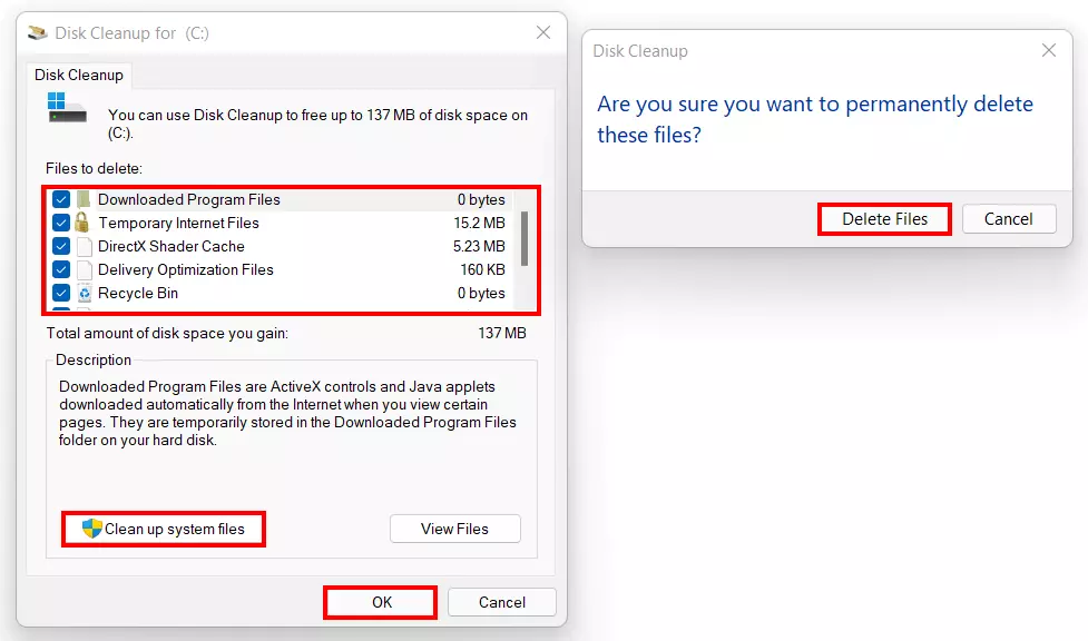 Image: Windows 11 Disk Cleanup with selection of files to be deleted