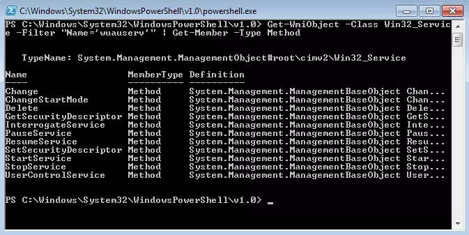 Image: Results of the pipeline Get-WmiObject -Computername -Class Win32_Service -Filter "Name='wuauserv'" | Get-Member -Type Method