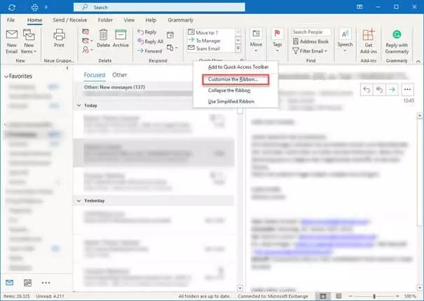 Image: Outlook option to “Customize the Ribbon…”