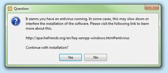 Disabling the anti-virus program as the first step when installing XAMPP Disabling the anti-virus program as the first step when installing XAMPP