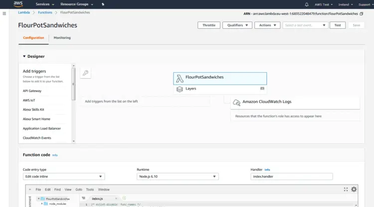 AWS Management Console: configuration overview of the Lambda function AWS Management Console: configuration overview of the Lambda function