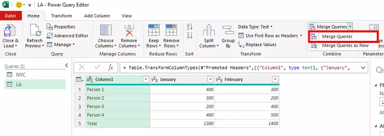 Go to “Combine” and “Merge Queries” in the menu Go to “Combine” and “Merge Queries” in the menu