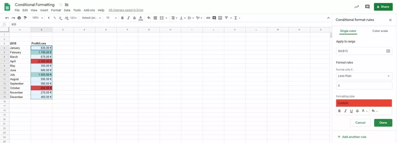 Image: Google-Sheets: table with two formatting rules