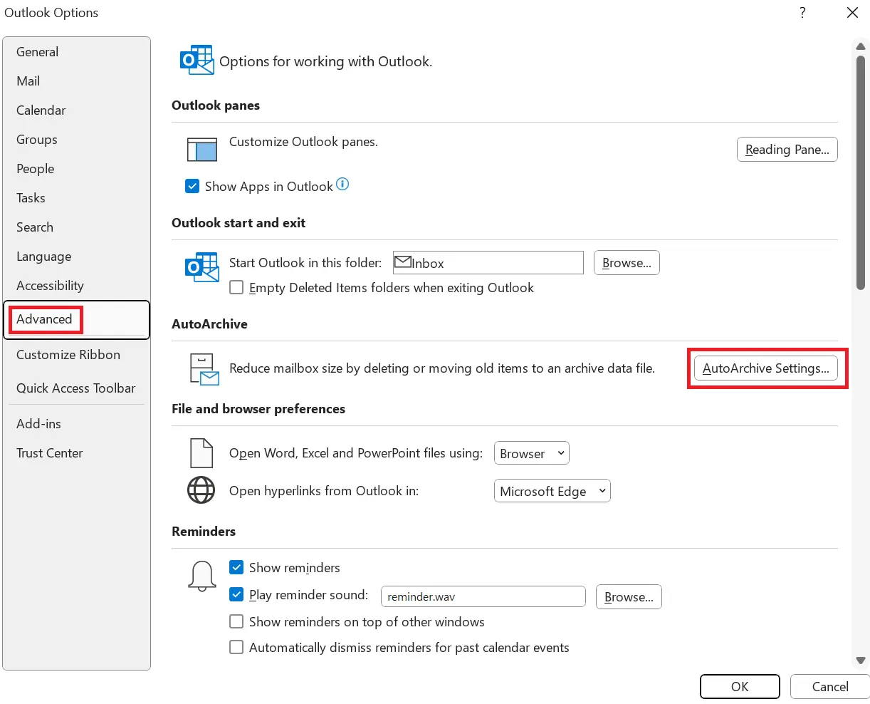 Image: Microsoft Outlook: AutoArchive settings