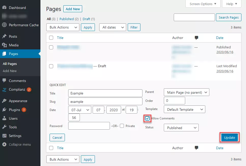 Image: “Quick Edit” settings for a page, with “Allow Comments” option checked