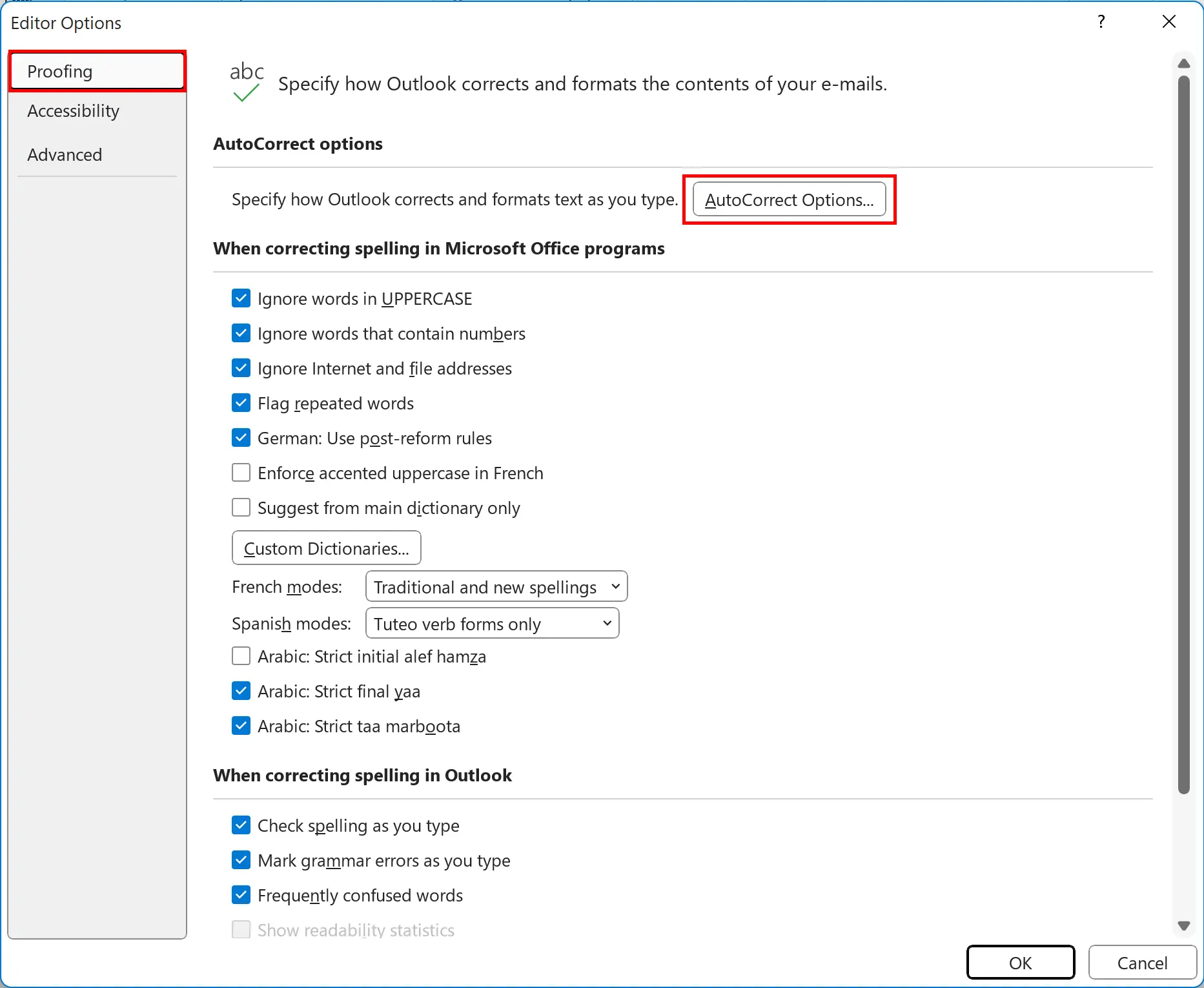 Outlook Editor options: Proofing Image: Outlook Editor options: Proofing