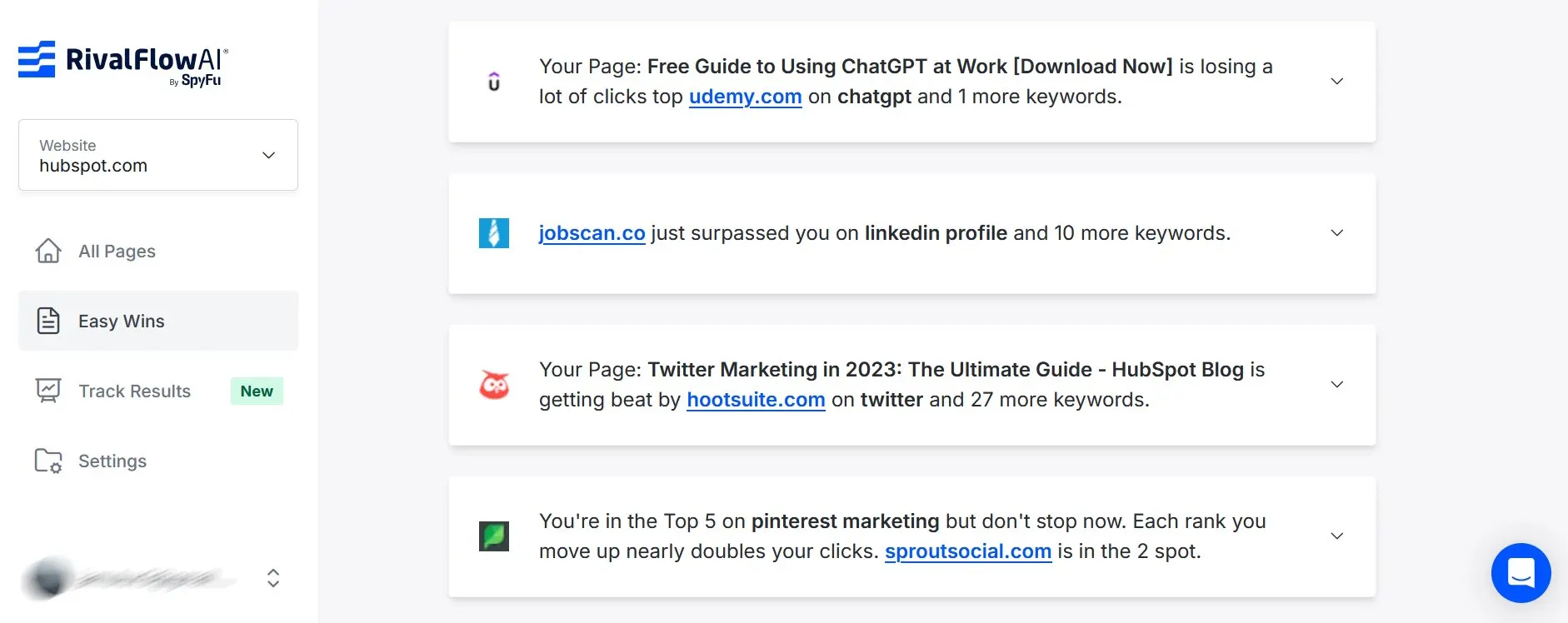 Image: Screenshot of SpyFu RivalFlow AI with Competitor Comparisons and Keyword Recommendations