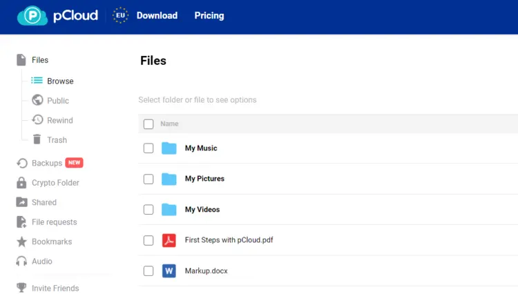 pCloud: File overview in the web app pCloud: File overview in the web app