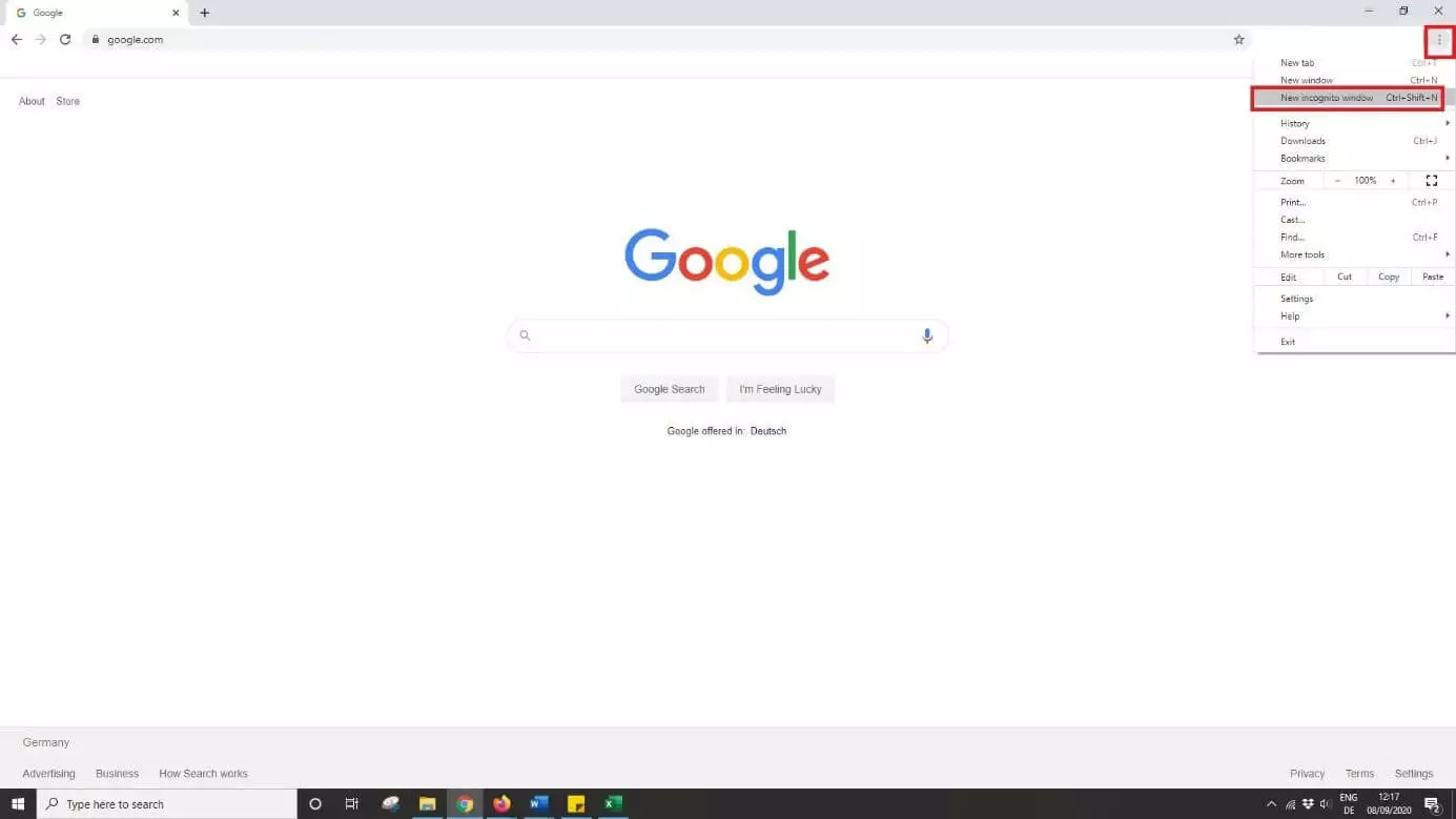 Image: Launch new incognito window in Google Chrome